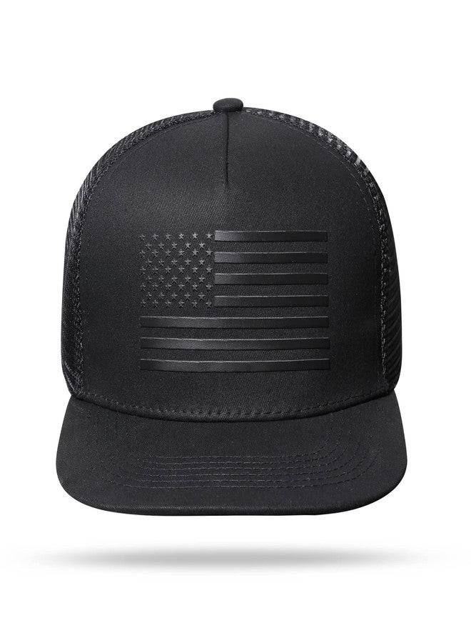 UALON Baseball Cap, Snapback Trucker Hat for Men & Women with American Flag and Adjustable, Breathable Mesh, Flat Bill Hats Black/Black - Image 3